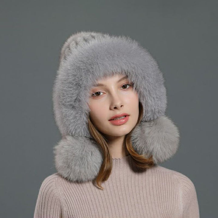 Luxury Real Mink Fur Hat with Fox Fur Trim Women Winter Knit Beanie with Pom-Pom Ear Flaps