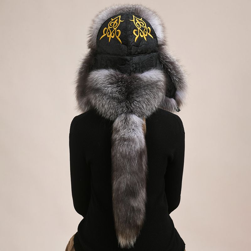 Embroidered Luxury Real Fox Fur Trapper Hat Unisex Ushanka with Detachable Long Tail