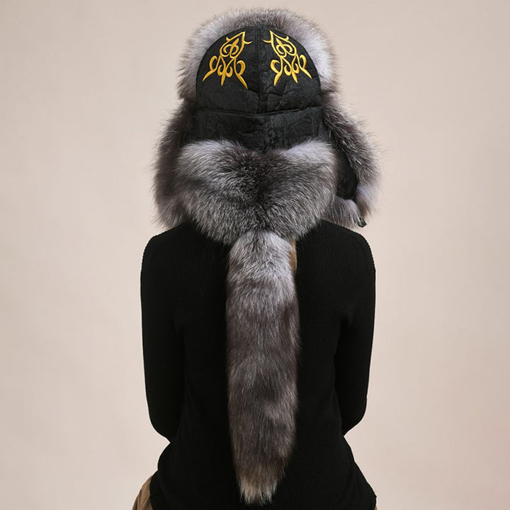 Embroidered Luxury Real Fox Fur Trapper Hat Unisex Ushanka with Detachable Long Tail