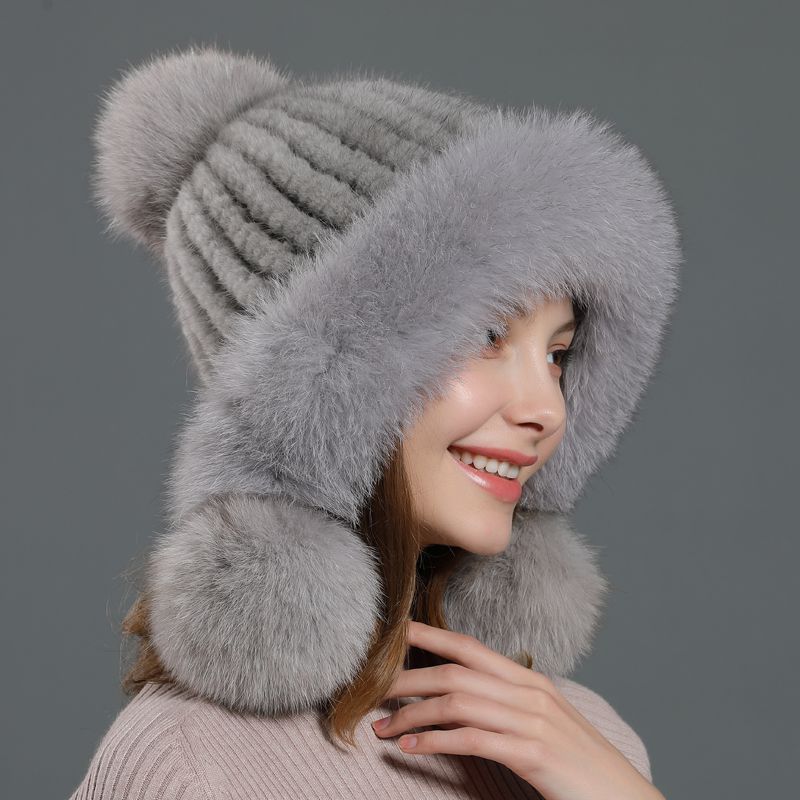Luxury Real Mink Fur Hat with Fox Fur Trim Women Winter Knit Beanie with Pom-Pom Ear Flaps