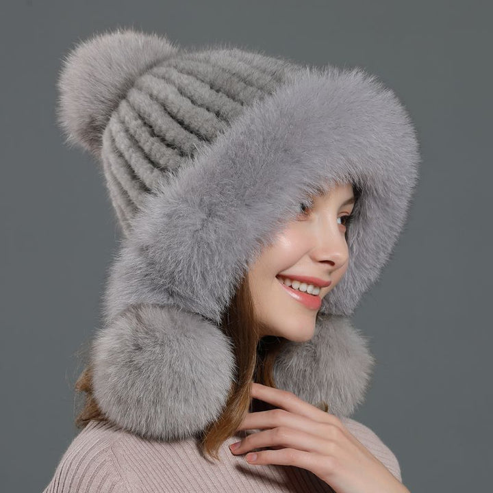 Luxury Real Mink Fur Hat with Fox Fur Trim Women Winter Knit Beanie with Pom-Pom Ear Flaps