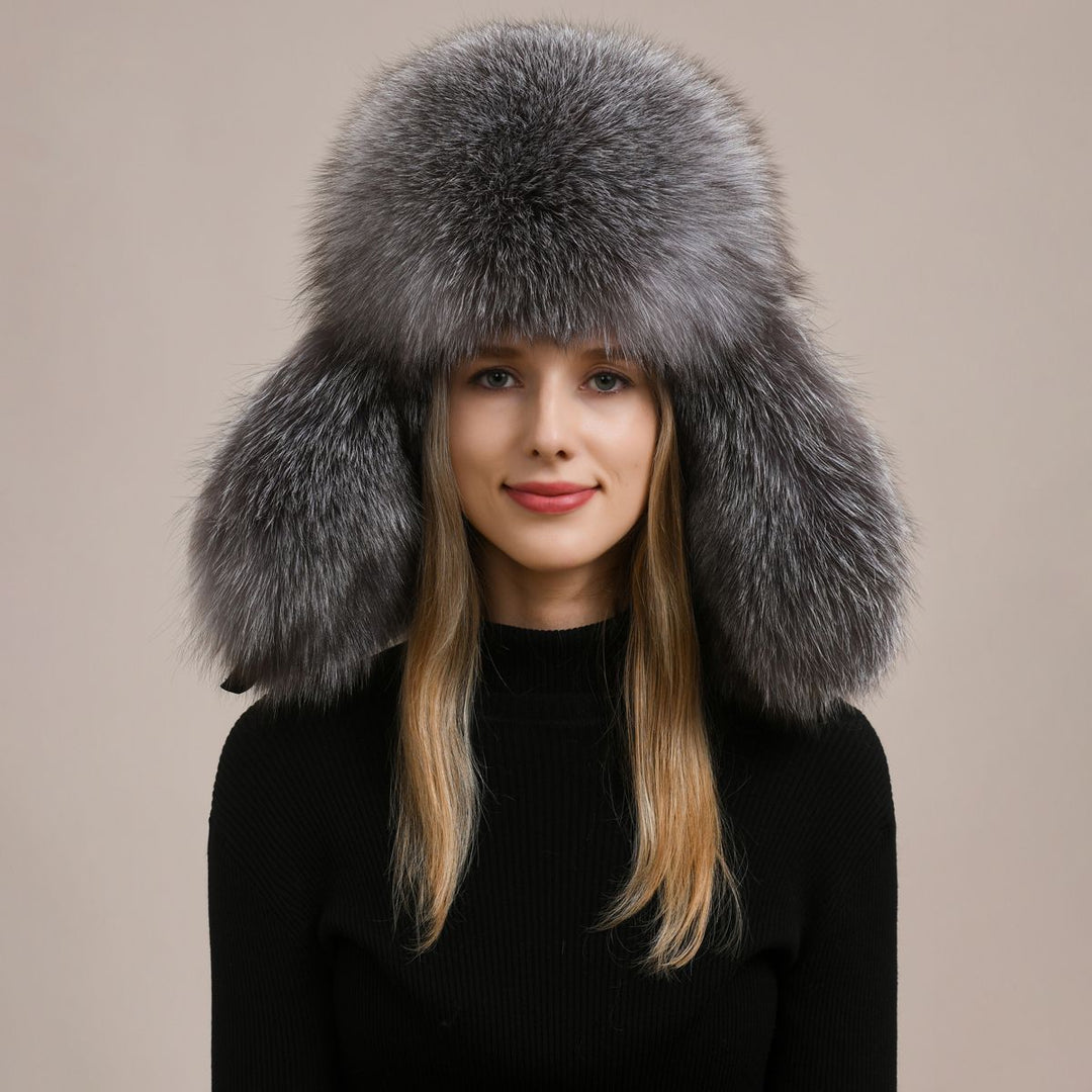 Embroidered Luxury Real Fox Fur Trapper Hat Unisex Ushanka with Detachable Long Tail