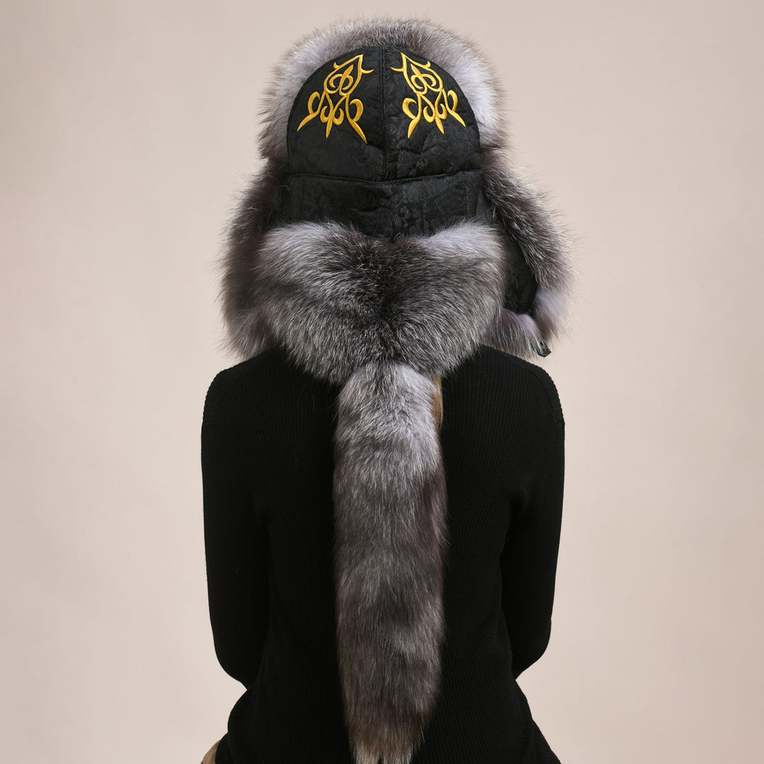 Embroidered Luxury Real Fox Fur Trapper Hat Unisex Ushanka with Detachable Long Tail
