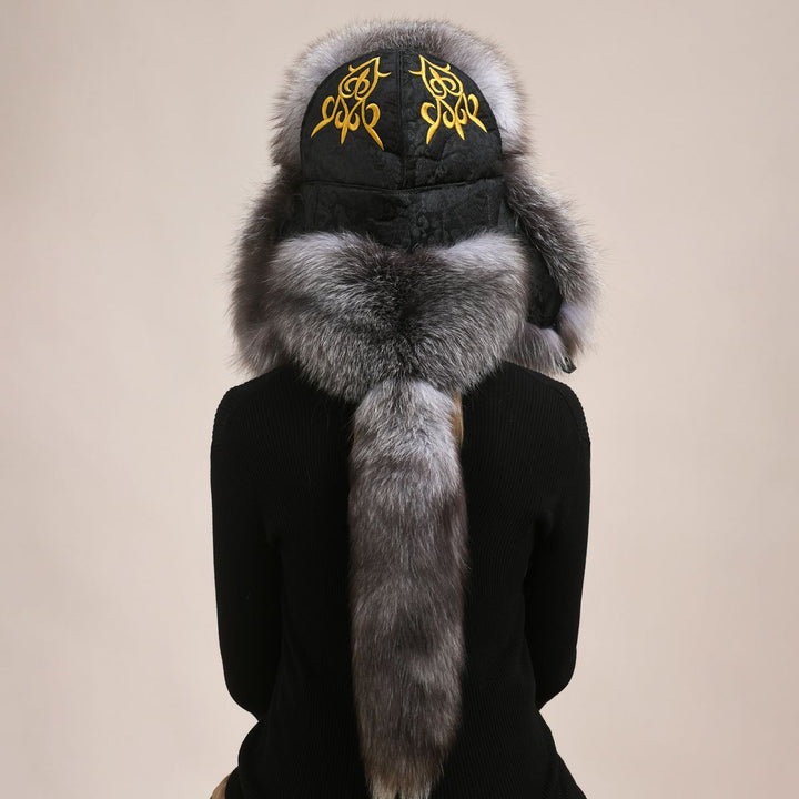 Embroidered Luxury Real Fox Fur Trapper Hat Unisex Ushanka with Detachable Long Tail