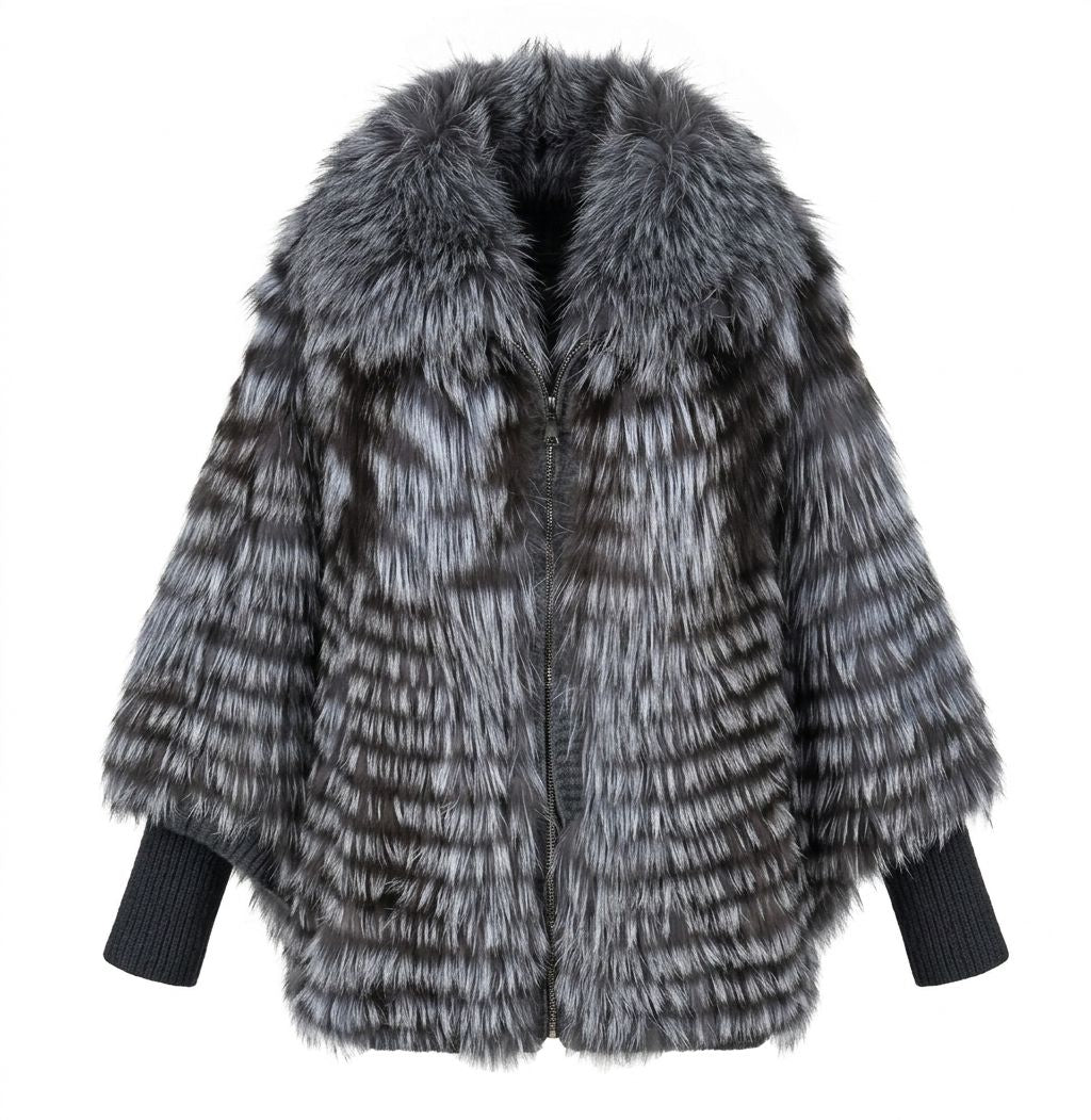 Genuine Silver Fox Fur Cape Poncho Elegant Winter Oversized Fur Shawl Wrap with Knitted Lining for Women