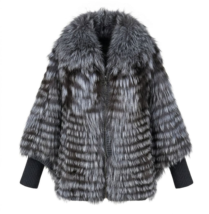 Genuine Silver Fox Fur Cape Poncho Elegant Winter Oversized Fur Shawl Wrap with Knitted Lining for Women