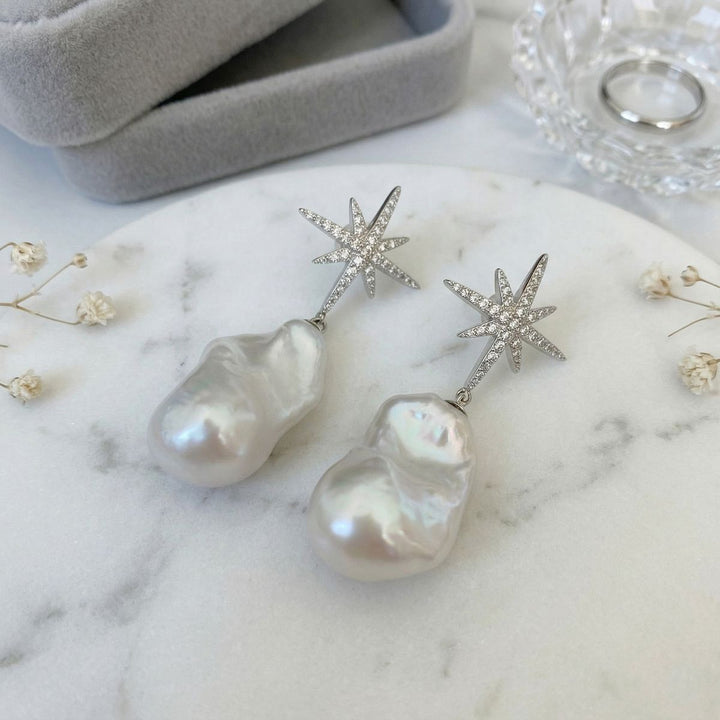 25mm Large Real Baroque Freshwater Pearl Drop Earrings with Starburst Crystal Studs
