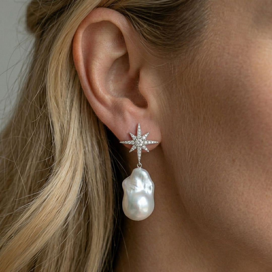 25mm Large Real Baroque Freshwater Pearl Drop Earrings with Starburst Crystal Studs