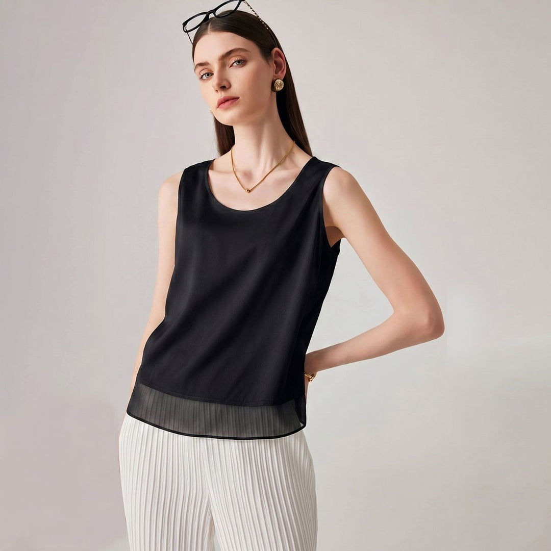 Pure Mulberry Silk Tank Top with Sheer Patchwork Hem Elegant Sleeveless Silk Shell Blouse