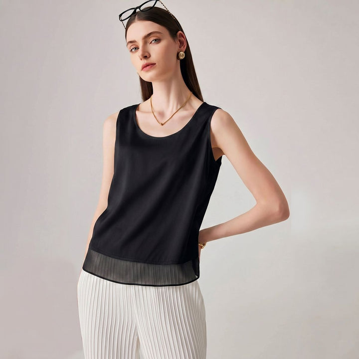 Pure Mulberry Silk Tank Top with Sheer Patchwork Hem Elegant Sleeveless Silk Shell Blouse