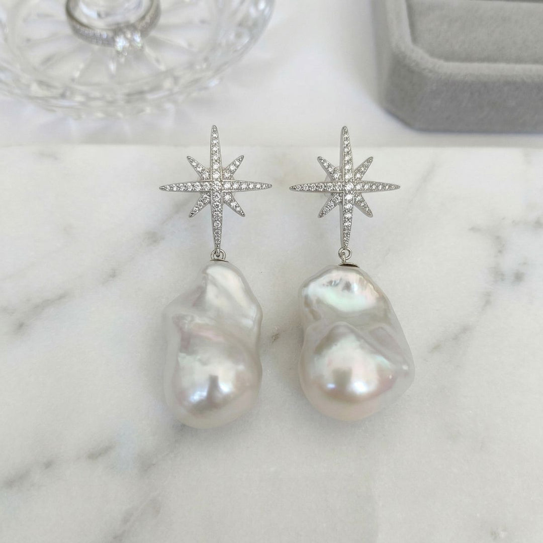 25mm Large Real Baroque Freshwater Pearl Drop Earrings with Starburst Crystal Studs