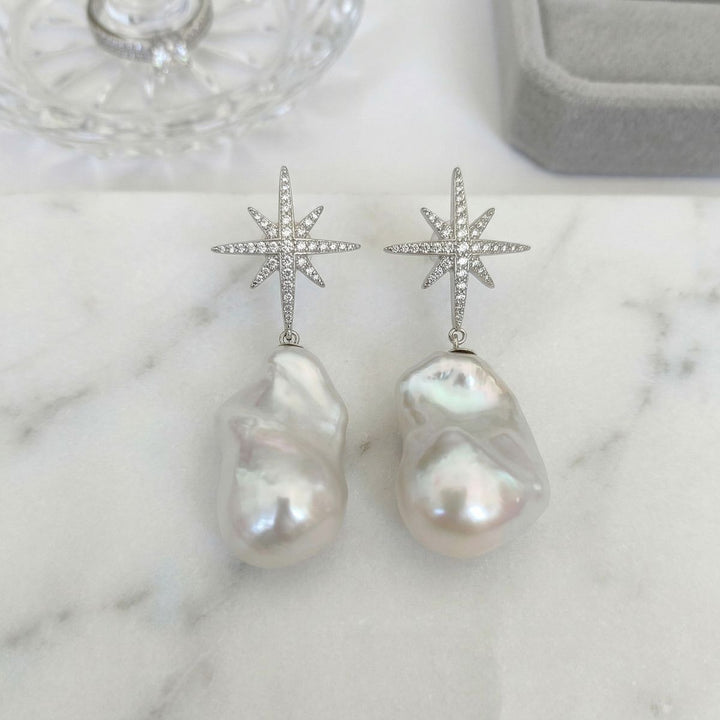25mm Large Real Baroque Freshwater Pearl Drop Earrings with Starburst Crystal Studs