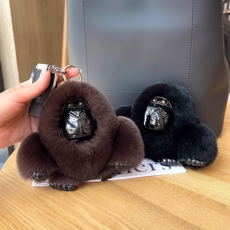 Genuine Rabbit Fur Monkey Keychain Mink Fur Gorilla Keychain High Quality Luxury Fluffy Plush Bag Charm