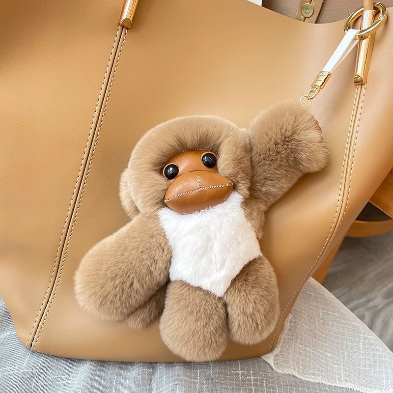 Real Rabbit Fur Cute Fluffy Plush Monkey Keychain Key Ring Luxury Bag Charm
