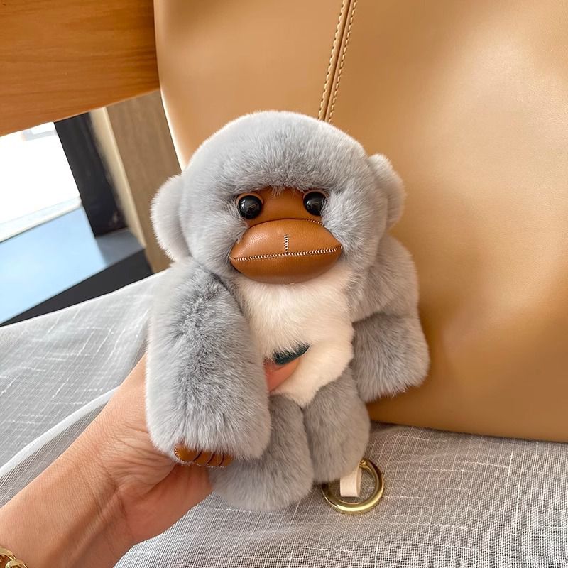 Real Rabbit Fur Cute Fluffy Plush Monkey Keychain Key Ring Luxury Bag Charm