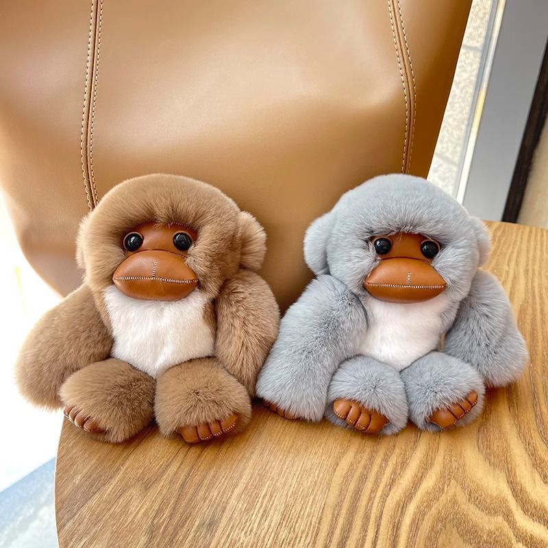 Real Rabbit Fur Cute Fluffy Plush Monkey Keychain Key Ring Luxury Bag Charm