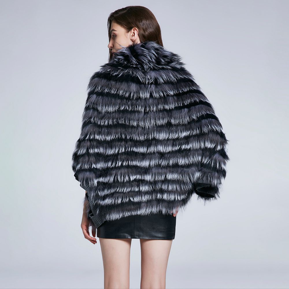 Genuine Silver Fox Fur Cape Poncho Elegant Winter Oversized Fur Shawl Wrap with Knitted Lining for Women