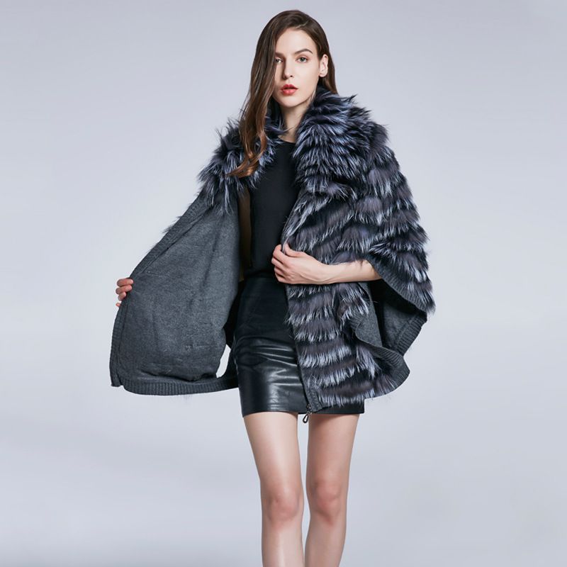 Genuine Silver Fox Fur Cape Poncho Elegant Winter Oversized Fur Shawl Wrap with Knitted Lining for Women