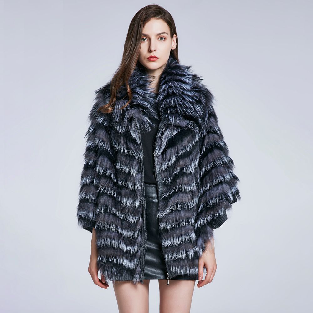 Genuine Silver Fox Fur Cape Poncho Elegant Winter Oversized Fur Shawl Wrap with Knitted Lining for Women