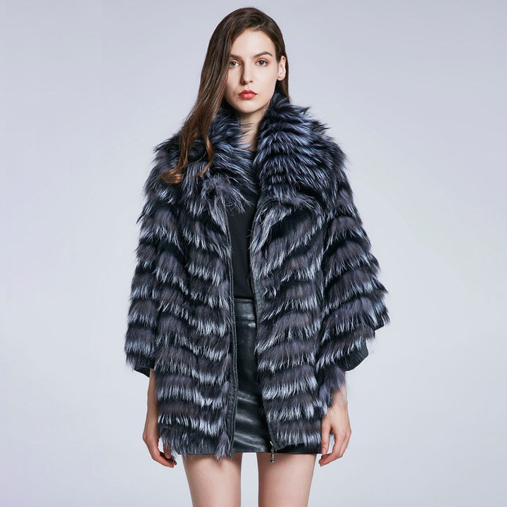 Genuine Silver Fox Fur Cape Poncho Elegant Winter Oversized Fur Shawl Wrap with Knitted Lining for Women