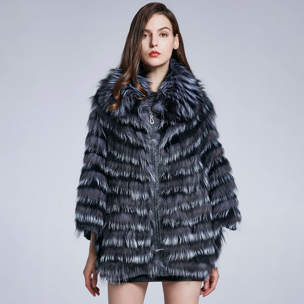 Genuine Silver Fox Fur Cape Poncho Elegant Winter Oversized Fur Shawl Wrap with Knitted Lining for Women