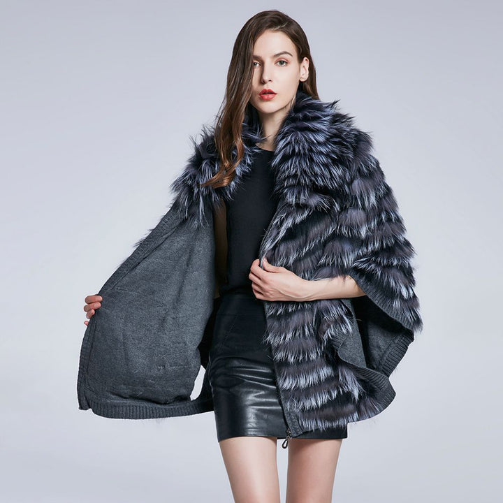 Genuine Silver Fox Fur Cape Poncho Elegant Winter Oversized Fur Shawl Wrap with Knitted Lining for Women