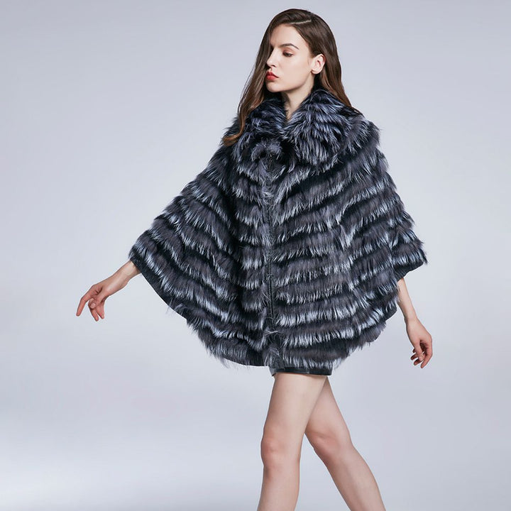 Genuine Silver Fox Fur Cape Poncho Elegant Winter Oversized Fur Shawl Wrap with Knitted Lining for Women