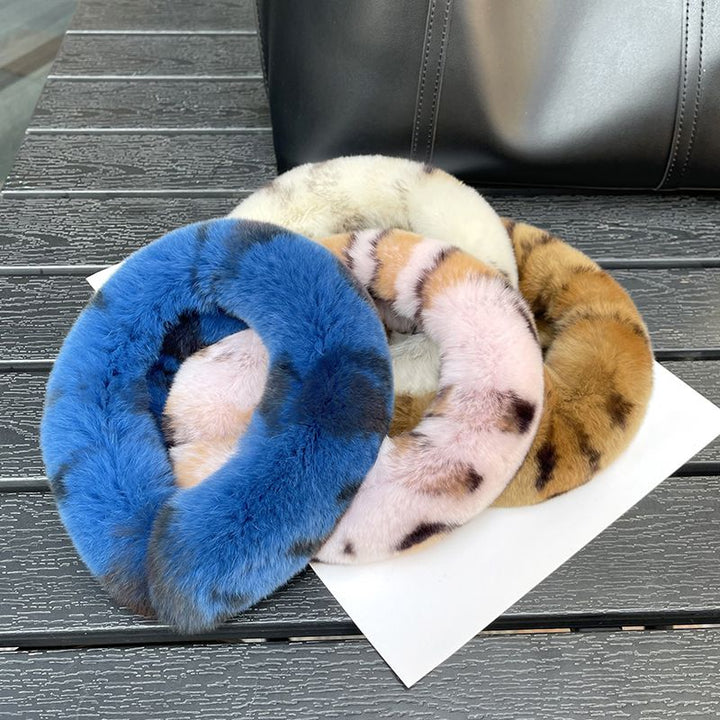 Real Rabbit Fur Headband Women's Soft Plush Leopard Print Hair Accessories