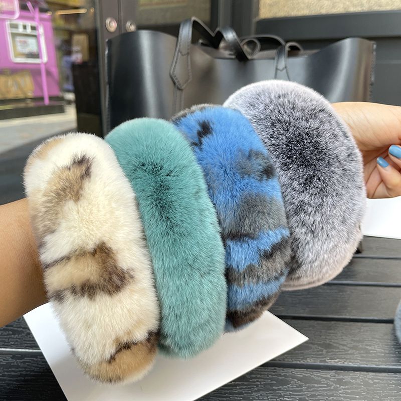 Real Rabbit Fur Headband Women's Soft Plush Leopard Print Hair Accessories