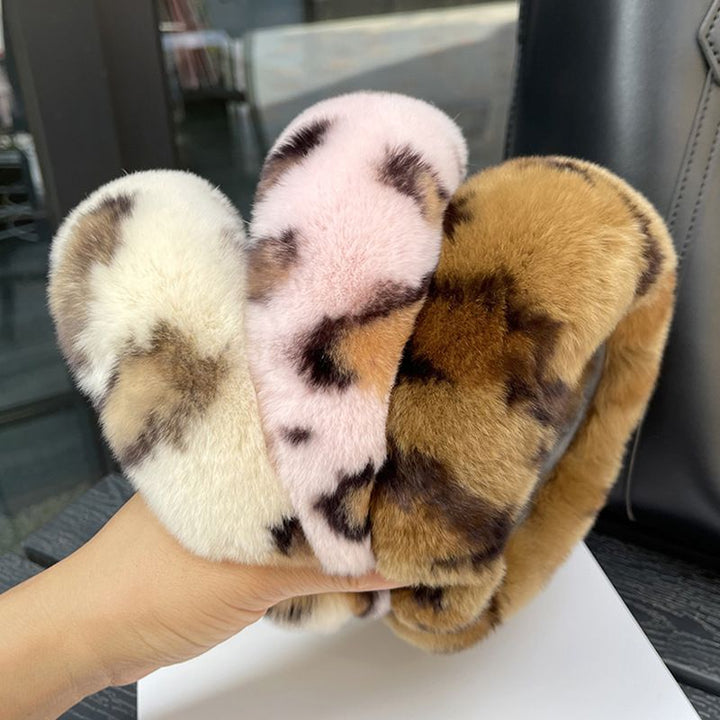 Real Rabbit Fur Headband Women's Soft Plush Leopard Print Hair Accessories