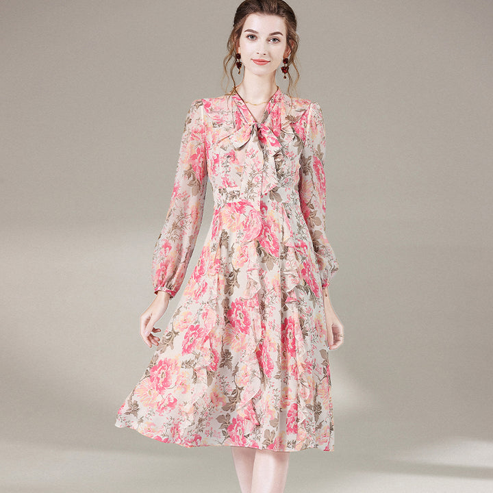 Graceful Beige Floral Tie Neck Long Sleeve Mulberry Silk Dress SD060