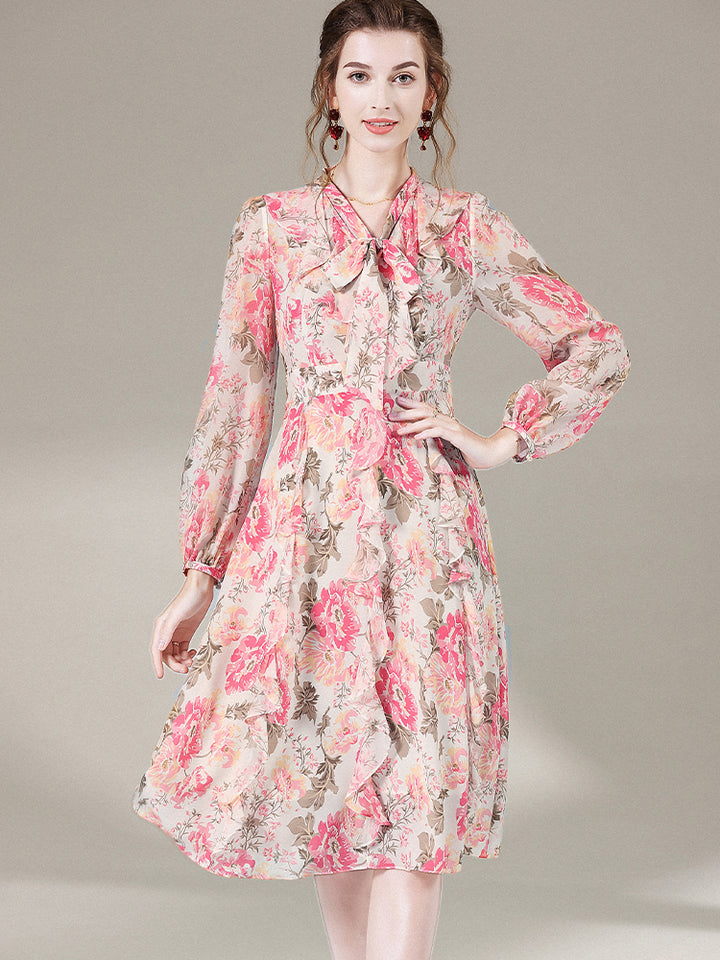 Graceful Beige Floral Tie Neck Long Sleeve Mulberry Silk Dress SD060