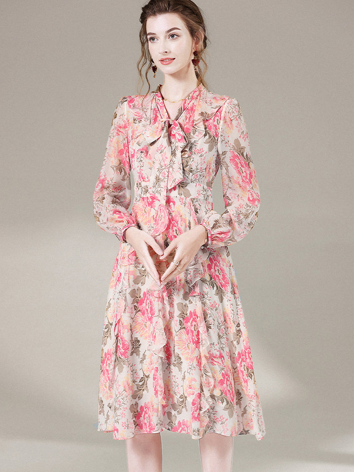 Graceful Beige Floral Tie Neck Long Sleeve Mulberry Silk Dress SD060