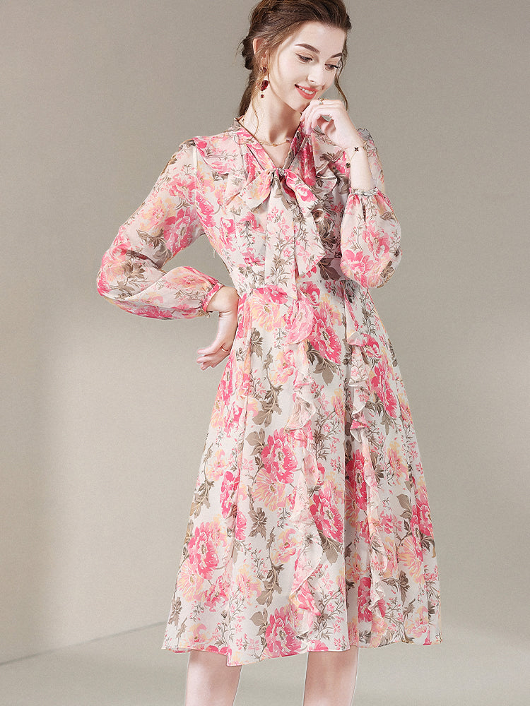 Graceful Beige Floral Tie Neck Long Sleeve Mulberry Silk Dress SD060