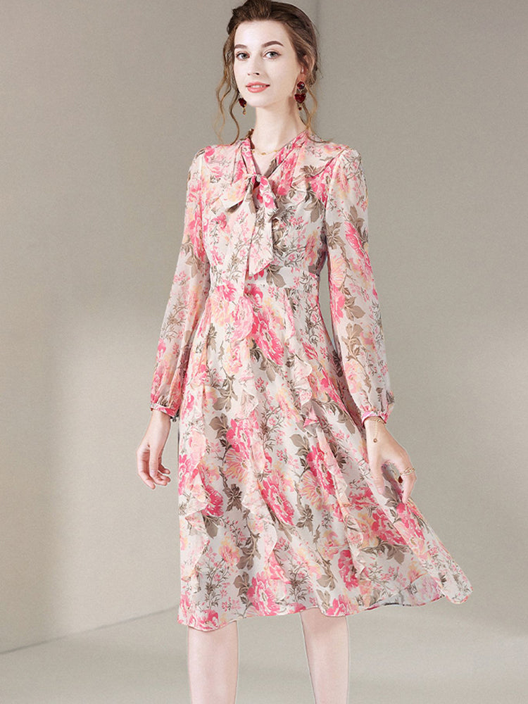 Graceful Beige Floral Tie Neck Long Sleeve Mulberry Silk Dress SD060