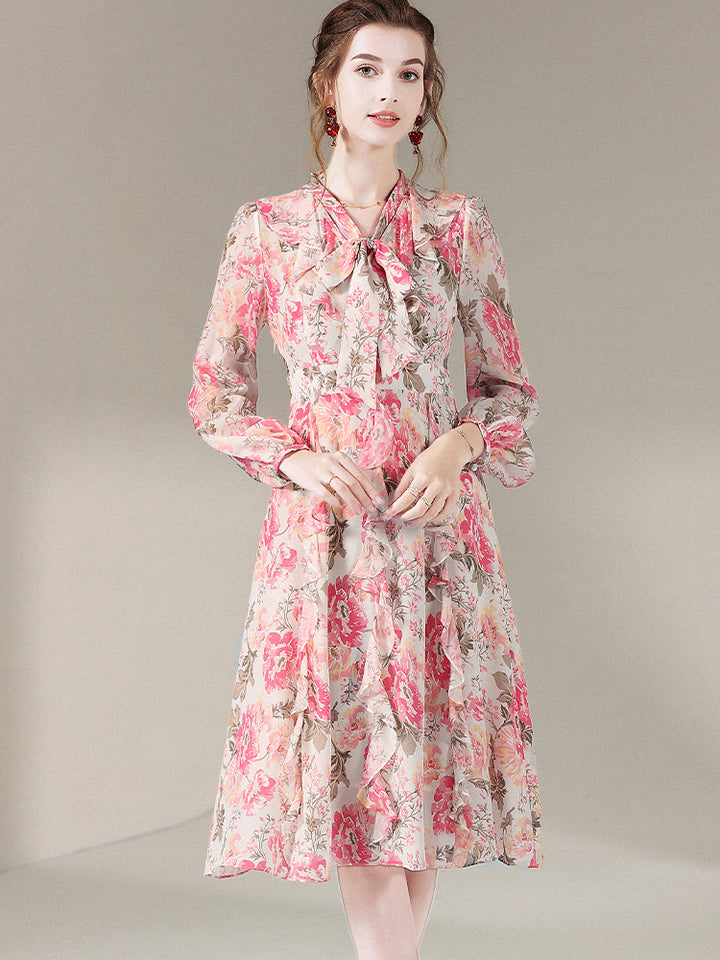 Graceful Beige Floral Tie Neck Long Sleeve Mulberry Silk Dress SD060