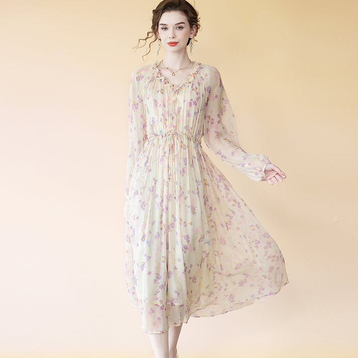 Graceful Beige Ruffle Long Sleeve Floral Pure Mulberry Silk Dress SD078