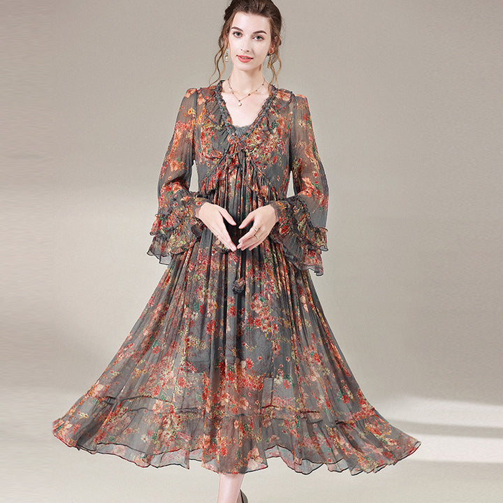 Gray Floral Semi-Sheer Long Sleeve Beach Maxi Silk Dress SD068