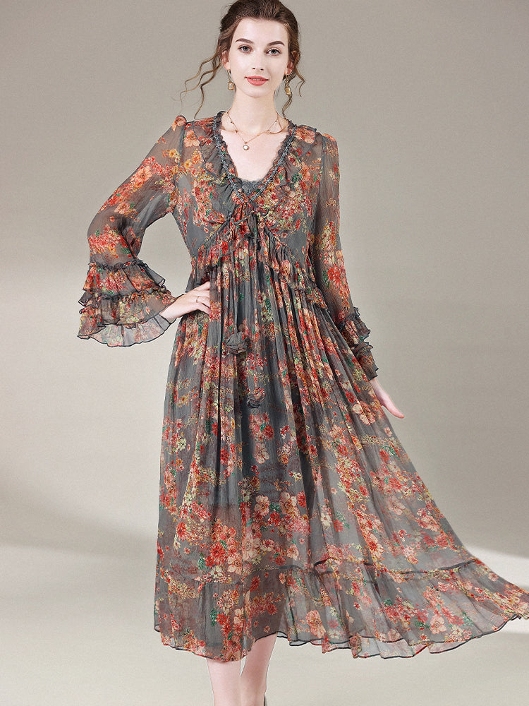 Gray Floral Semi-Sheer Long Sleeve Beach Maxi Silk Dress SD068