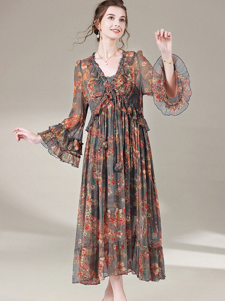 Gray Floral Semi-Sheer Long Sleeve Beach Maxi Silk Dress SD068