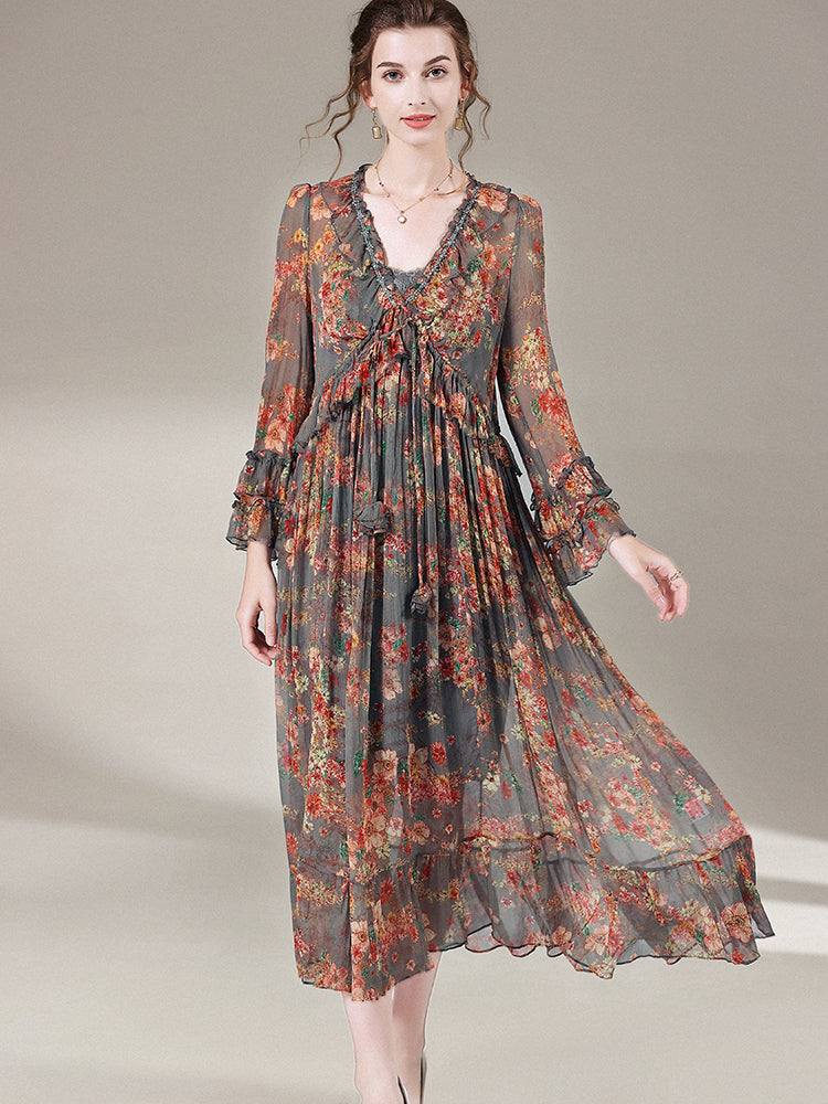 Gray Floral Semi-Sheer Long Sleeve Beach Maxi Silk Dress SD068