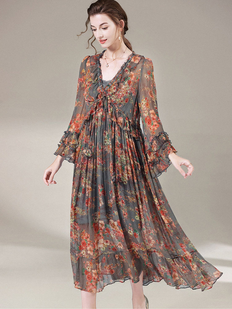 Gray Floral Semi-Sheer Long Sleeve Beach Maxi Silk Dress SD068