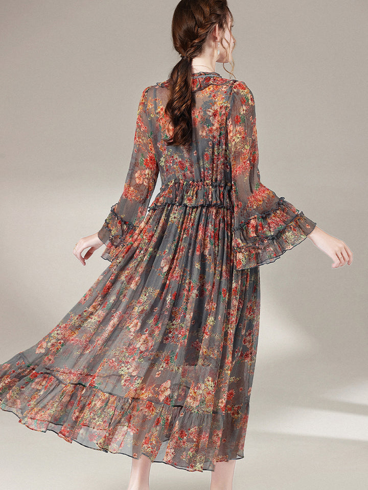 Gray Floral Semi-Sheer Long Sleeve Beach Maxi Silk Dress SD068