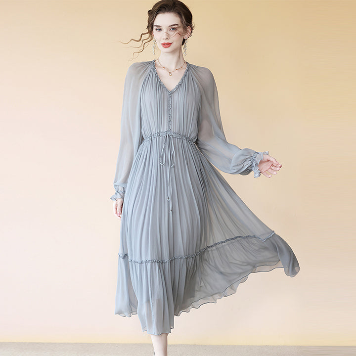 Gray Pleated V Neck Long Sleeve Tie Waist Maxi Silk Dress SD086