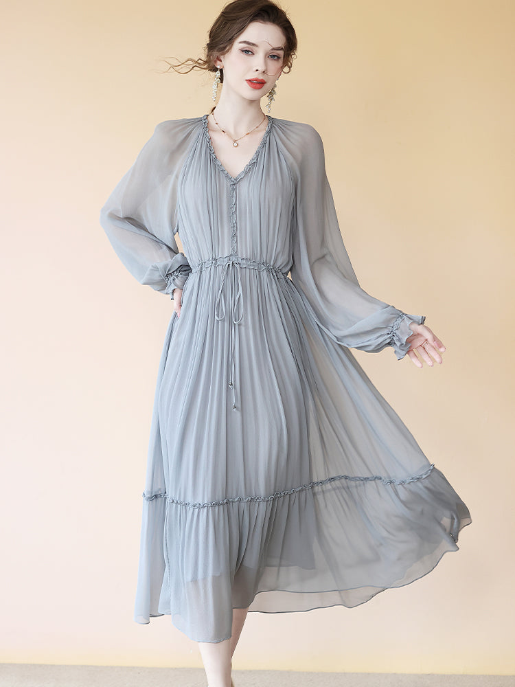 Gray Pleated V Neck Long Sleeve Tie Waist Maxi Silk Dress SD086