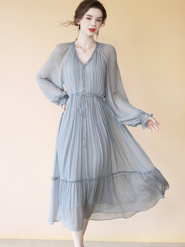 Gray Pleated V Neck Long Sleeve Tie Waist Maxi Silk Dress SD086