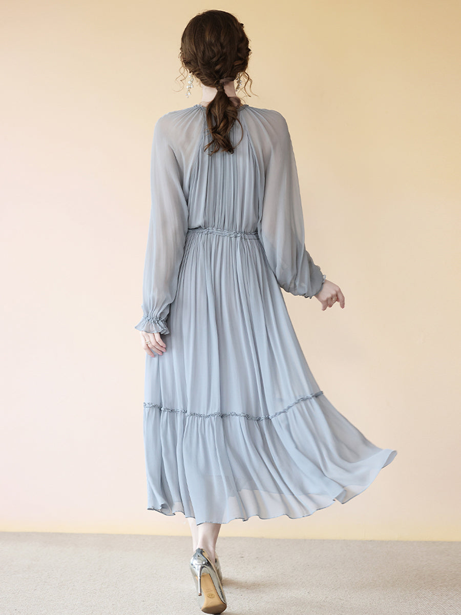 Gray Pleated V Neck Long Sleeve Tie Waist Maxi Silk Dress SD086