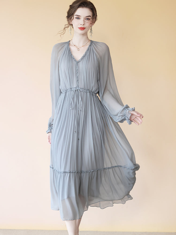 Gray Pleated V Neck Long Sleeve Tie Waist Maxi Silk Dress SD086