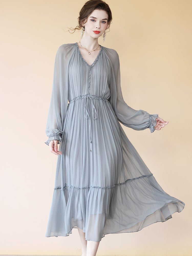 Gray Pleated V Neck Long Sleeve Tie Waist Maxi Silk Dress SD086