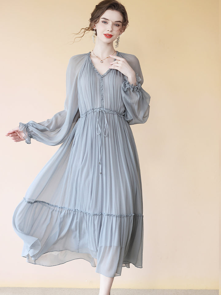 Gray Pleated V Neck Long Sleeve Tie Waist Maxi Silk Dress SD086